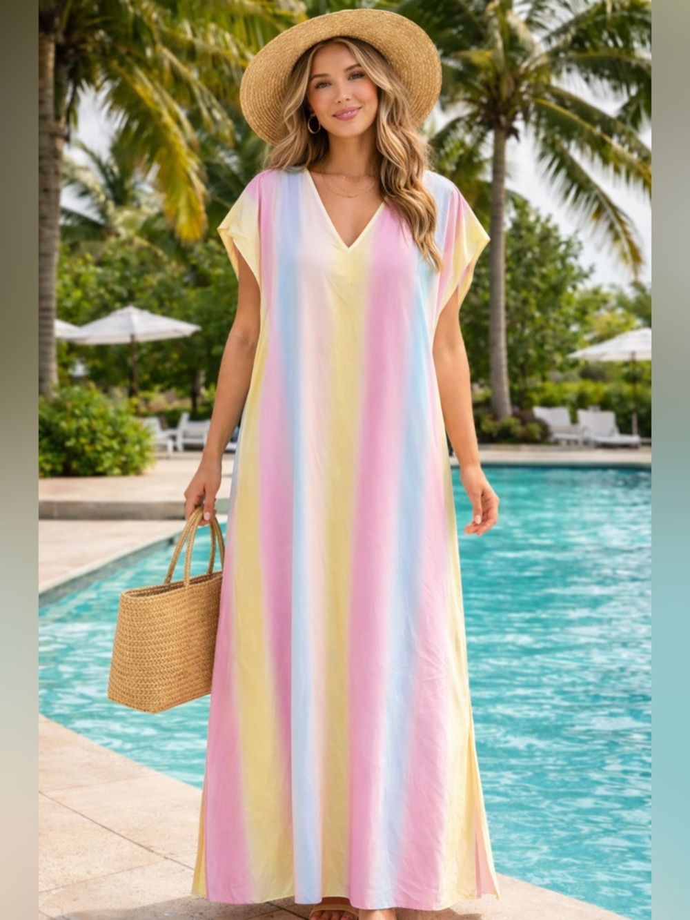 Pastel Stripe Maxi Swim Cover Up Kaftan Beach Dress Boho